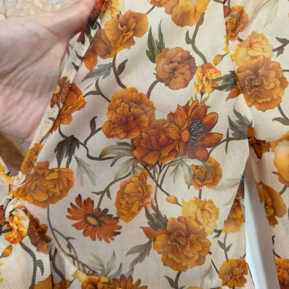 Floral Print V Neck Long Sleeve Bow Tie Front Sheer Blouse Top